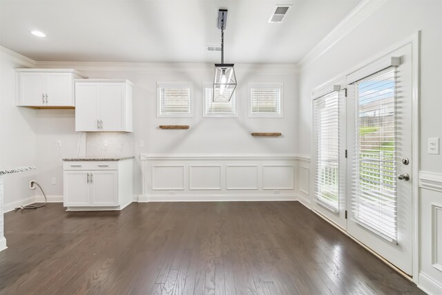 881 Deepwood Ct, Boiling Springs, SC 29316 - unfurnished dining area featuring ornamental molding, dark wood-style floors, and wainscoting
