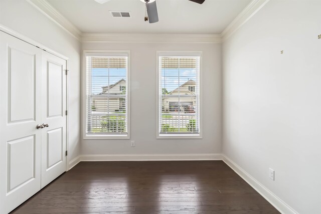 881 Deepwood Ct, Boiling Springs, SC 29316 - unfurnished bedroom with ornamental molding, dark wood-style floors, and a ceiling fan