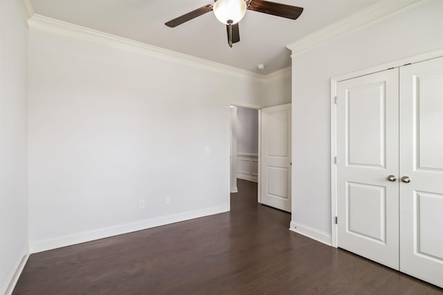 881 Deepwood Ct, Boiling Springs, SC 29316 - unfurnished bedroom with crown molding, dark wood-type flooring, a closet, and ceiling fan