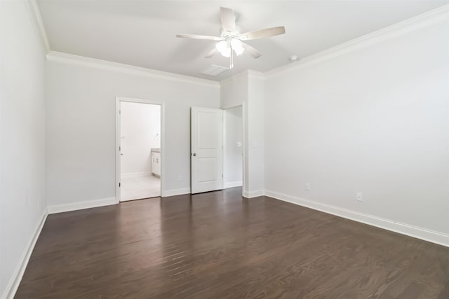 881 Deepwood Ct, Boiling Springs, SC 29316 - unfurnished bedroom with ornamental molding, dark wood finished floors, ensuite bath, and a ceiling fan
