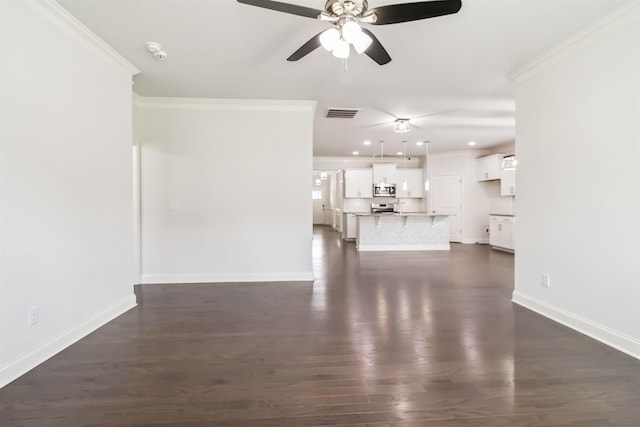 881 Deepwood Ct, Boiling Springs, SC 29316 - unfurnished living room with ornamental molding, a ceiling fan, dark wood-style floors, and recessed lighting