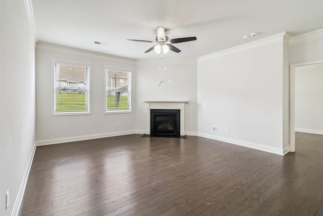 881 Deepwood Ct, Boiling Springs, SC 29316 - unfurnished living room featuring ceiling fan, crown molding, dark wood-style floors, and a fireplace with flush hearth