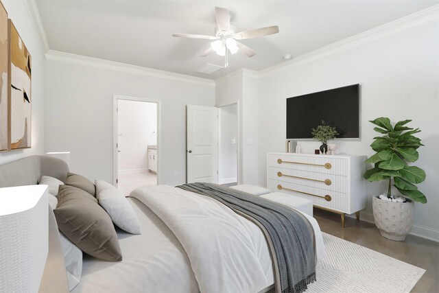 881 Deepwood Ct, Boiling Springs, SC 29316 - bedroom featuring ornamental molding, a ceiling fan, wood finished floors, and ensuite bathroom