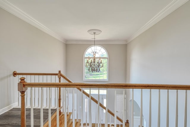 95 Roscommon Run, Moore, SC 29369 - staircase with wood finished floors, a chandelier, and crown molding