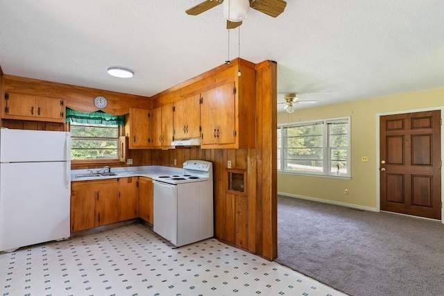 210 Catawba St, Union, SC 29379 - kitchen featuring white appliances, ceiling fan, plenty of natural light, and brown cabinets