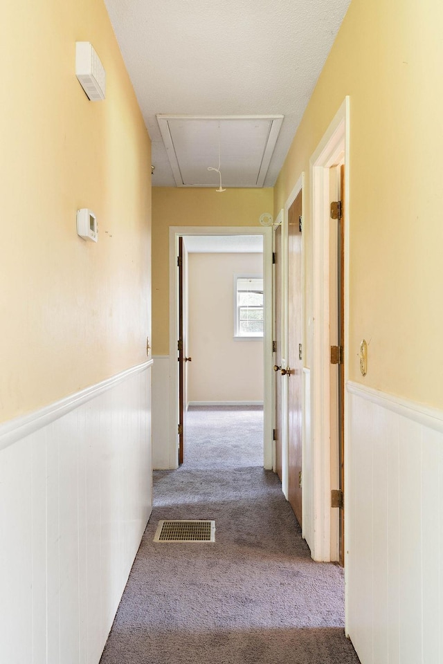 210 Catawba St, Union, SC 29379 - hallway with attic access, wainscoting, and carpet flooring