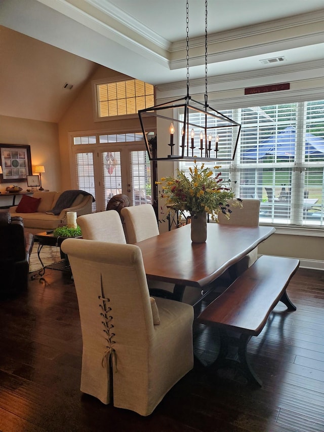 178 Ravines Ln, Spartanburg, SC 29301 - dining space featuring crown molding, hardwood / wood-style floors, a chandelier, and a tray ceiling