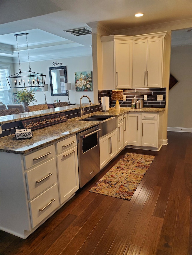 178 Ravines Ln, Spartanburg, SC 29301 - kitchen featuring dishwasher, recessed lighting, stone counters, white cabinetry, and crown molding