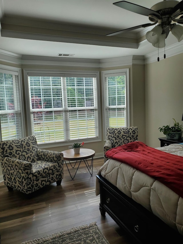 178 Ravines Ln, Spartanburg, SC 29301 - bedroom with ornamental molding, wood finished floors, a raised ceiling, and a ceiling fan
