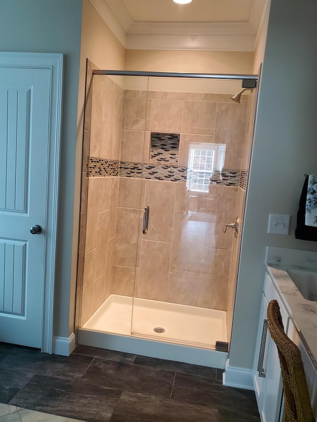 178 Ravines Ln, Spartanburg, SC 29301 - bathroom featuring a shower stall, ornamental molding, and vanity