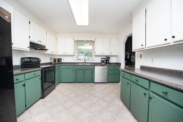 72 Casey Ln, Spartanburg, SC 29301 - kitchen featuring black appliances, under cabinet range hood, white cabinetry, green cabinets, and dark countertops