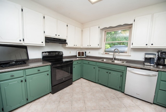 72 Casey Ln, Spartanburg, SC 29301 - kitchen featuring black electric range oven, white dishwasher, under cabinet range hood, and white cabinetry