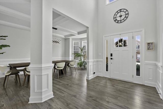 3027 Toliver, Boiling Springs, SC 29316 - entryway with plenty of natural light, dark wood-type flooring, beam ceiling, wainscoting, and ornamental molding