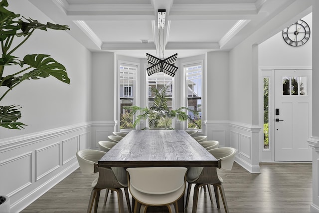 3027 Toliver, Boiling Springs, SC 29316 - dining space featuring plenty of natural light, coffered ceiling, dark wood-style flooring, beamed ceiling, and a decorative wall