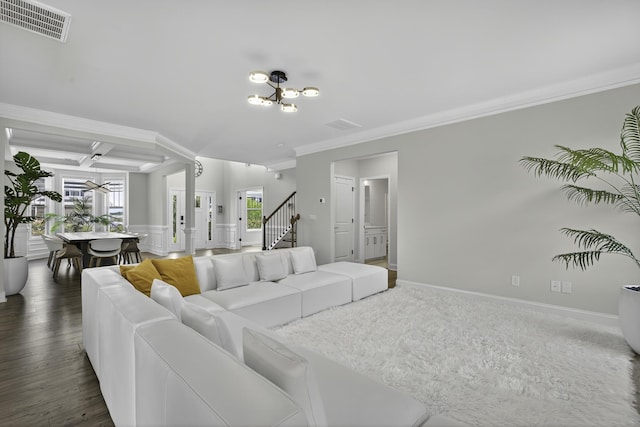 3027 Toliver, Boiling Springs, SC 29316 - living area featuring a chandelier, ornamental molding, coffered ceiling, stairs, and beamed ceiling