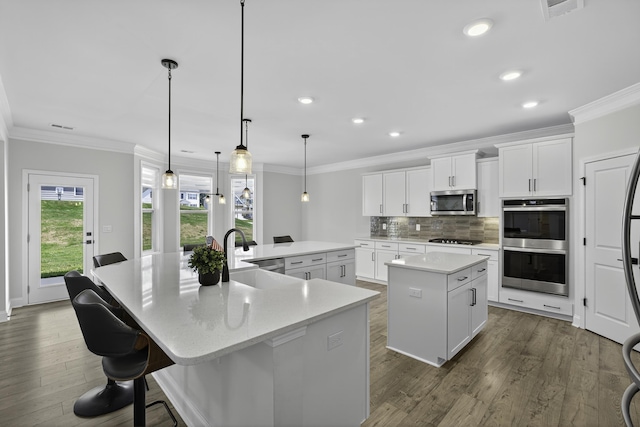 3027 Toliver, Boiling Springs, SC 29316 - kitchen with a spacious island, stainless steel appliances, tasteful backsplash, recessed lighting, and dark wood finished floors