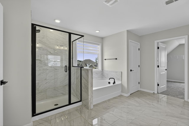 3027 Toliver, Boiling Springs, SC 29316 - bathroom with a bath, a marble finish shower, marble finish floors, a walk in closet, and recessed lighting