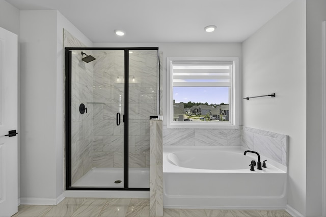 3027 Toliver, Boiling Springs, SC 29316 - full bathroom with a garden tub, a stall shower, marble look tile flooring, and recessed lighting