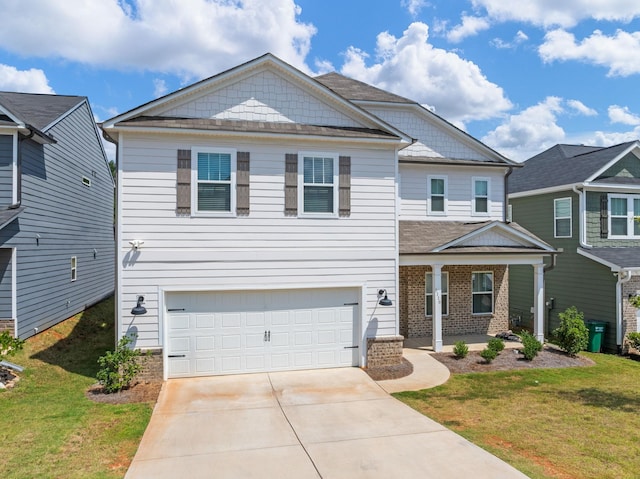 1116 Denington Dr, Spartanburg, SC 29307 - view of front of property featuring a garage, driveway, a front yard, brick siding, and a porch