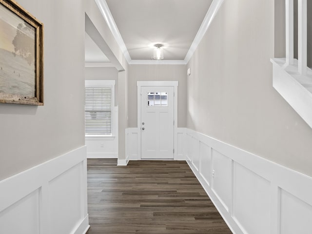 1116 Denington Dr, Spartanburg, SC 29307 - entrance foyer with a wainscoted wall, a decorative wall, crown molding, and dark wood-type flooring