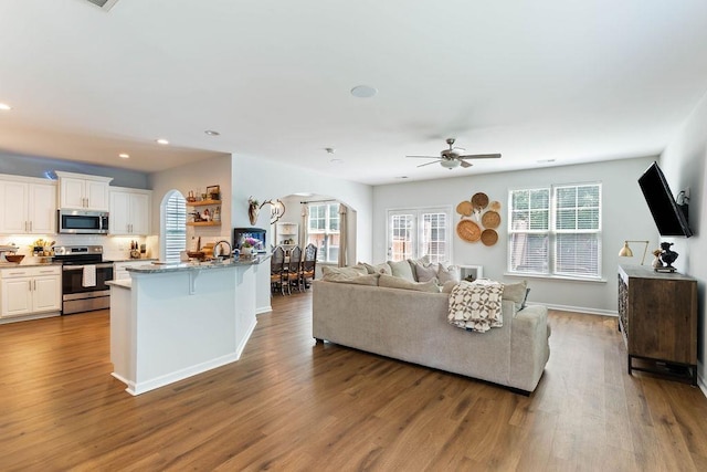 222 Eventine Way, Boiling Springs, SC 29316 - living area with arched walkways, recessed lighting, plenty of natural light, wood finished floors, and ceiling fan