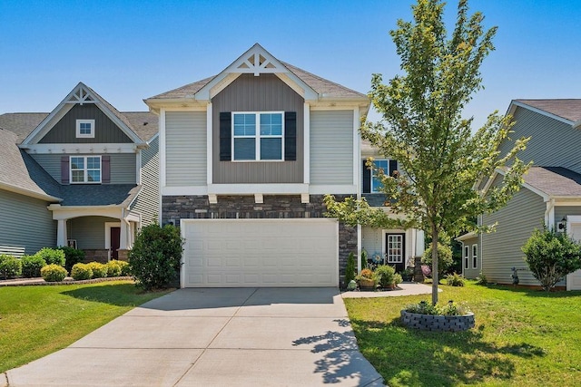 222 Eventine Way, Boiling Springs, SC 29316 - craftsman house with stone siding, concrete driveway, board and batten siding, and a front yard