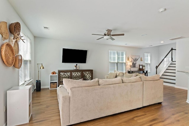 222 Eventine Way, Boiling Springs, SC 29316 - living room with plenty of natural light, a ceiling fan, wood finished floors, stairs, and recessed lighting