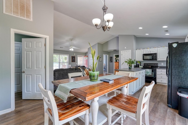 286 Heatherbrook Dr, Lyman, SC 29365 - dining space with wood finished floors, a ceiling fan, a chandelier, high vaulted ceiling, and recessed lighting