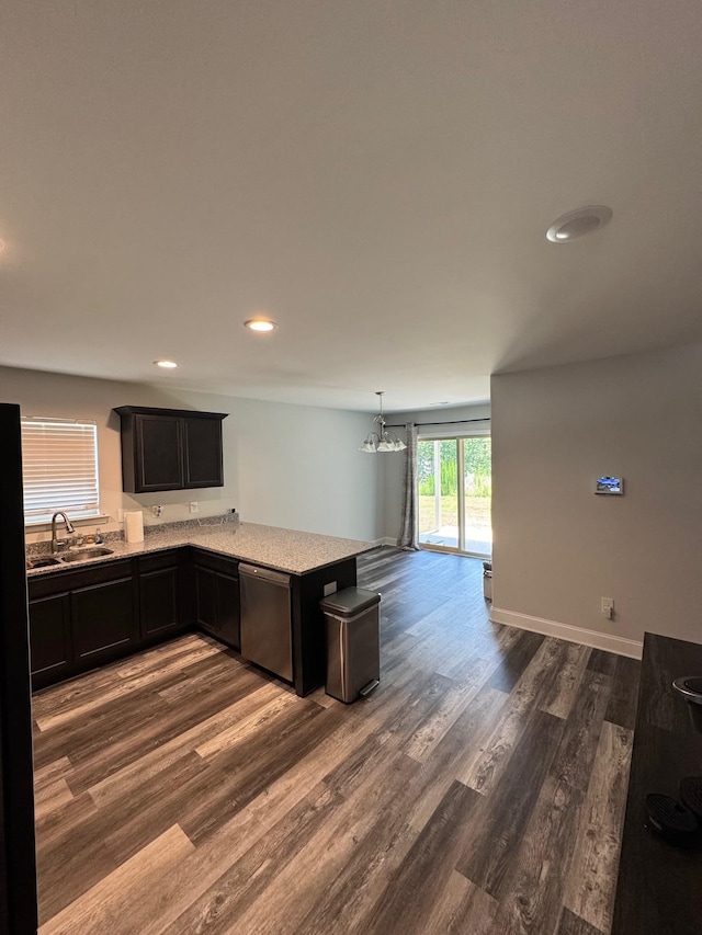 711 Burbrook Ln, Boiling Springs, SC 29316 - kitchen featuring stainless steel dishwasher, dark wood-type flooring, a peninsula, open floor plan, and recessed lighting