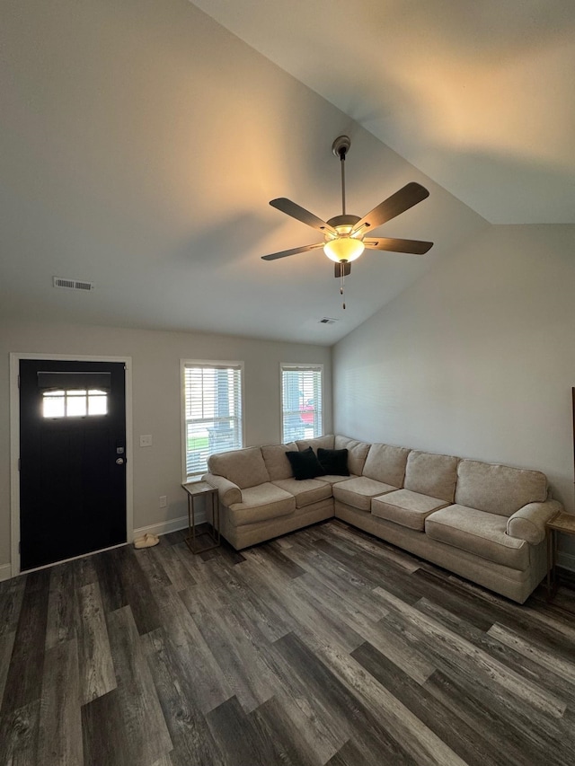 711 Burbrook Ln, Boiling Springs, SC 29316 - living area with dark wood-style floors, lofted ceiling, and a ceiling fan