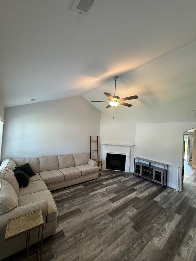711 Burbrook Ln, Boiling Springs, SC 29316 - living room featuring wood finished floors, a fireplace, ceiling fan, and vaulted ceiling