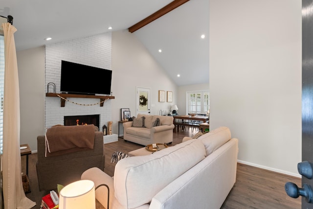 15864 Asheville Hwy, Campobello, SC 29322 - living area featuring beam ceiling, a fireplace, high vaulted ceiling, wood finished floors, and recessed lighting