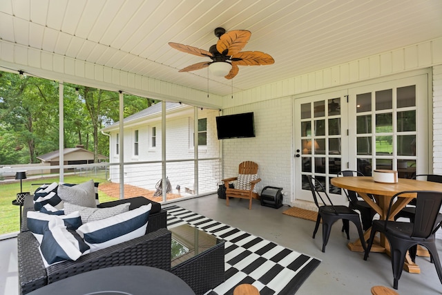 15864 Asheville Hwy, Campobello, SC 29322 - sunroom / solarium featuring french doors, an outdoor hangout area, ceiling fan, and plenty of natural light