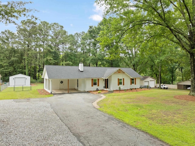 15864 Asheville Hwy, Campobello, SC 29322 - view of front of property featuring a chimney, an outdoor structure, asphalt driveway, view of scattered trees, and a garage