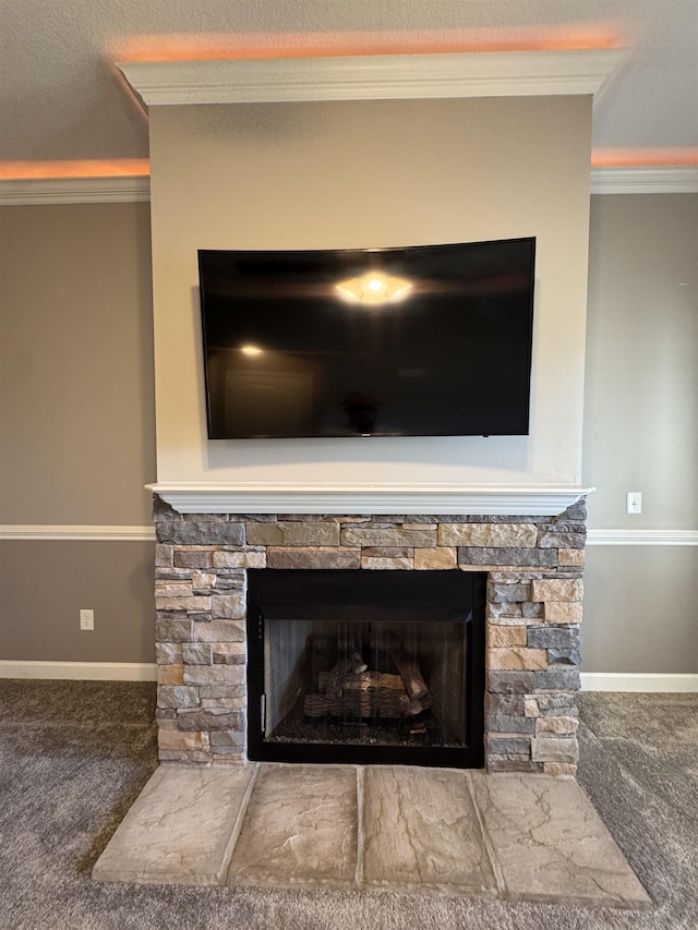 313 Trail Crossing Ln, Inmann, SC 29349 - detailed view of a stone fireplace, carpet floors, and ornamental molding