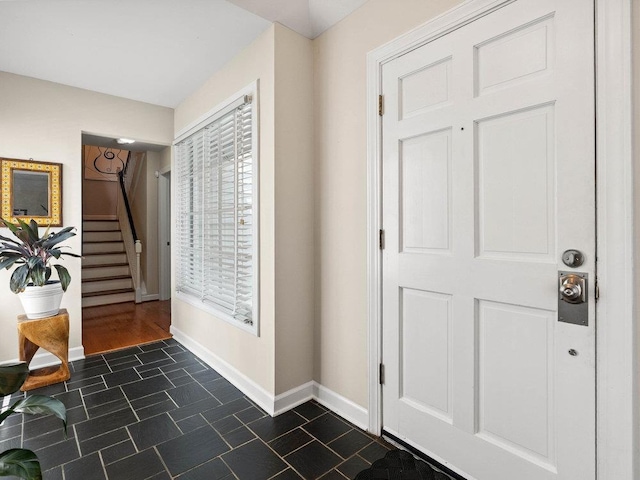 135 N Fairview Ave, Spartanburg, SC 29302 - foyer entrance featuring stairs and dark tile patterned flooring