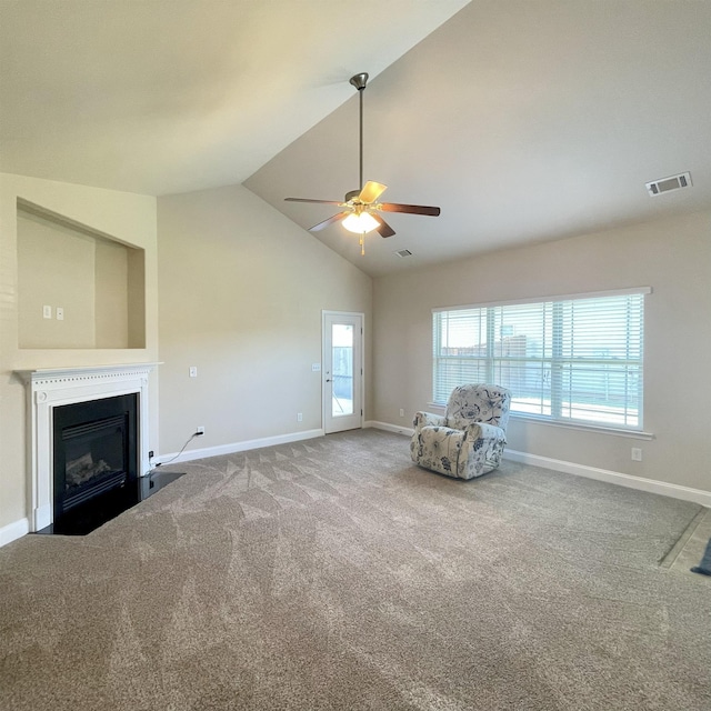 240 Stonecrest Dr, Roebuck, SC 29376 - unfurnished room featuring ceiling fan, carpet floors, a fireplace with flush hearth, and high vaulted ceiling