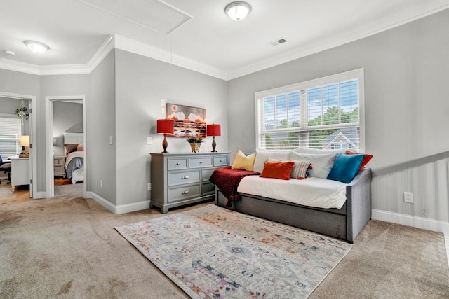 332 Heritage Point Dr, Simpsonville, SC 29681 - bedroom featuring attic access, light carpet, and ornamental molding