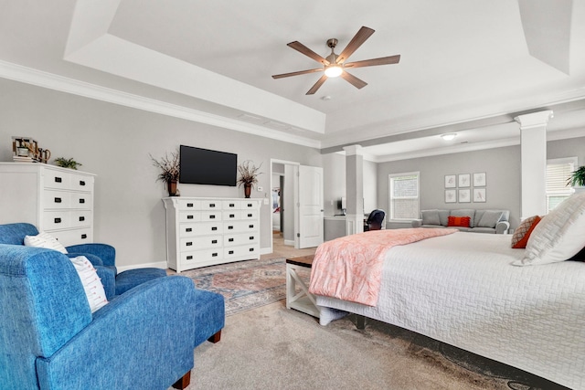 332 Heritage Point Dr, Simpsonville, SC 29681 - bedroom with a tray ceiling, ornate columns, carpet floors, ornamental molding, and multiple windows
