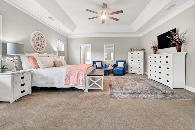 332 Heritage Point Dr, Simpsonville, SC 29681 - bedroom with a raised ceiling, light colored carpet, ornamental molding, and ceiling fan