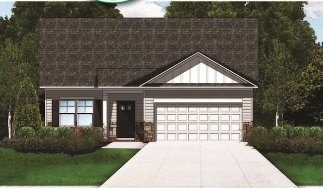 919 Gibbons St, Wellford, SC 29385 - view of front of property with concrete driveway, an attached garage, a shingled roof, and stone siding