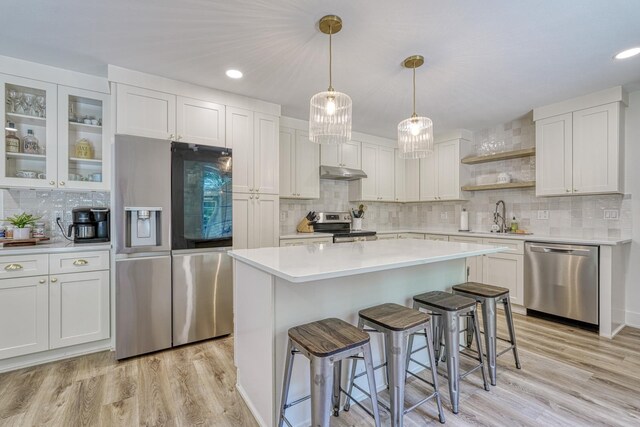 236 Heathwood Dr, Spartanburg, SC 29307 - kitchen with appliances with stainless steel finishes, under cabinet range hood, open shelves, decorative backsplash, and light countertops