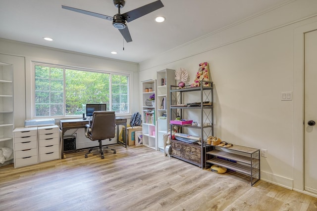 236 Heathwood Dr, Spartanburg, SC 29307 - home office featuring ceiling fan, wood finished floors, crown molding, recessed lighting, and built in shelves