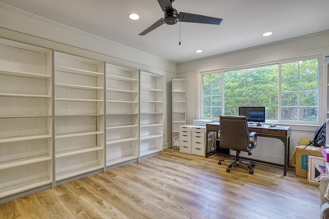 236 Heathwood Dr, Spartanburg, SC 29307 - office area featuring ornamental molding, a ceiling fan, light wood-style floors, recessed lighting, and built in shelves