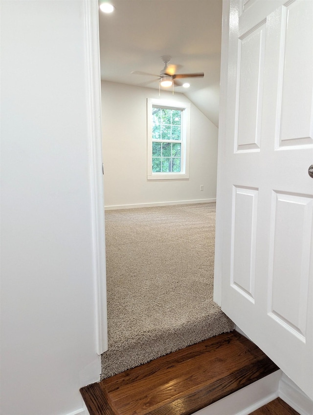 2115 Oakhurst Cir, Spartanburg, SC 29302 - stairs with carpet, ceiling fan, and vaulted ceiling