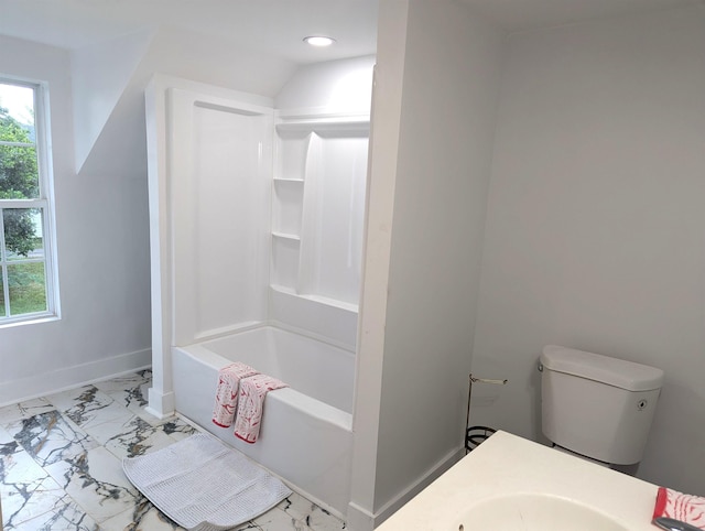 2115 Oakhurst Cir, Spartanburg, SC 29302 - bathroom featuring marble look tiles, recessed lighting, vanity, and tub / shower combination