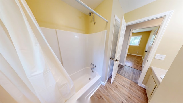 136 Sparkstown Dr, Enoree, SC 29335 - bathroom with wood finished floors, shower / tub combo with curtain, and vanity
