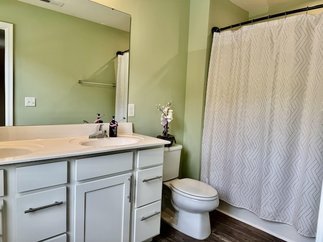 171 Ralston Rd, Greer, SC 29351 - bathroom featuring double vanity, wood finished floors, and a shower with shower curtain