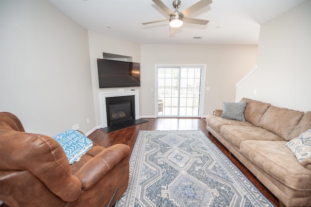 363 Robin Helton Dr, Boiling Springs, SC 29316 - living area with wood finished floors, a ceiling fan, and a glass covered fireplace