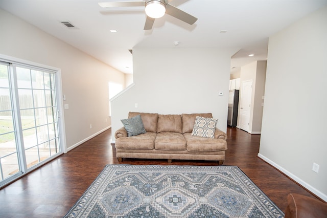363 Robin Helton Dr, Boiling Springs, SC 29316 - living area featuring dark wood-style floors, ceiling fan, and recessed lighting